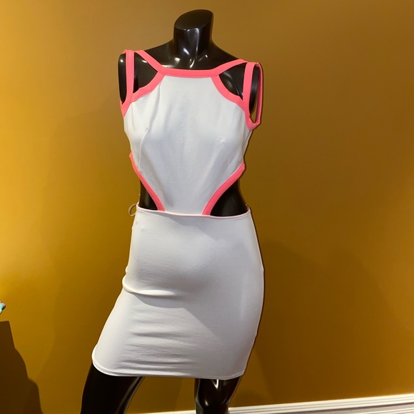Cut out front, open back white mini dress with neon details - Picture 3 of 5
